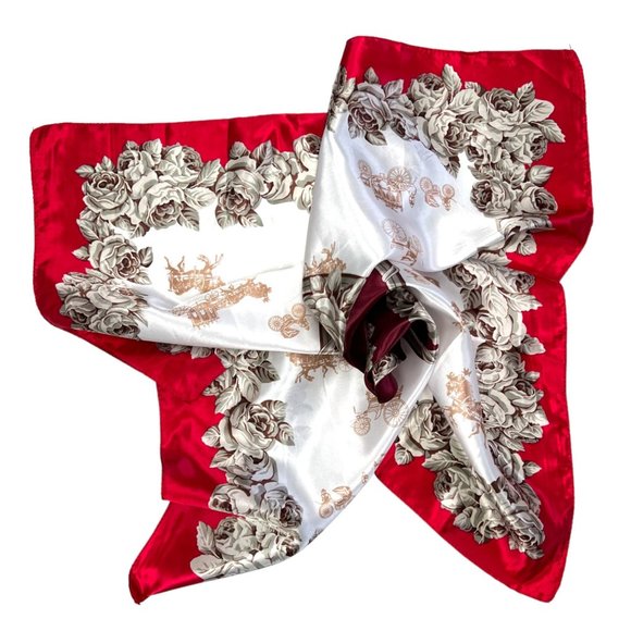 NEW Burgundy Red Ivory Roses and Carriages Printed Square Silky Scarf Wrap - Picture 7 of 7